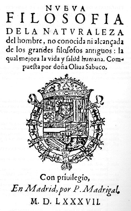'Nueva Filosofia de la Naturaleza del Hombre', frontespizio. Immagine Wikimedia Commons